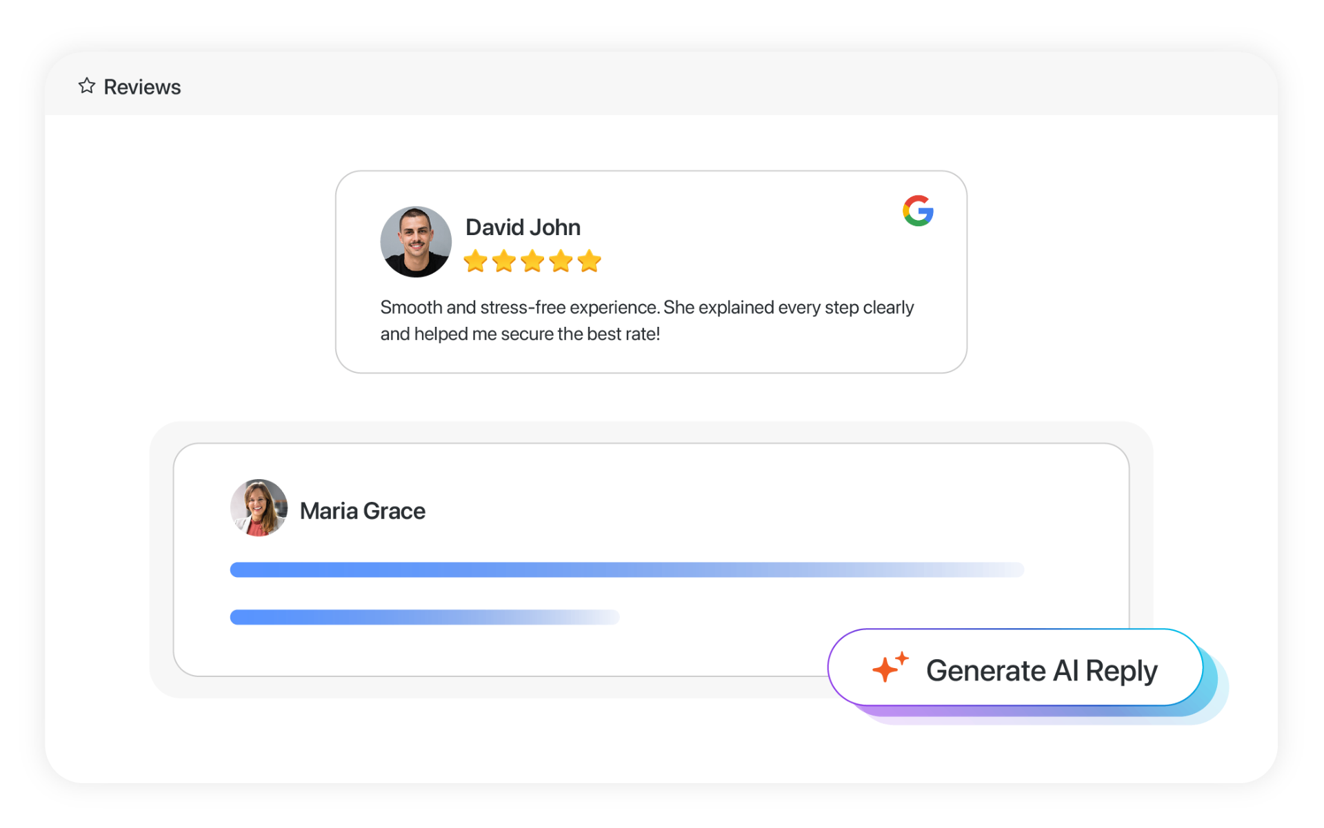 Reviews management tool showing a 5-star Google review with an AI-generated reply feature for online reputation management.