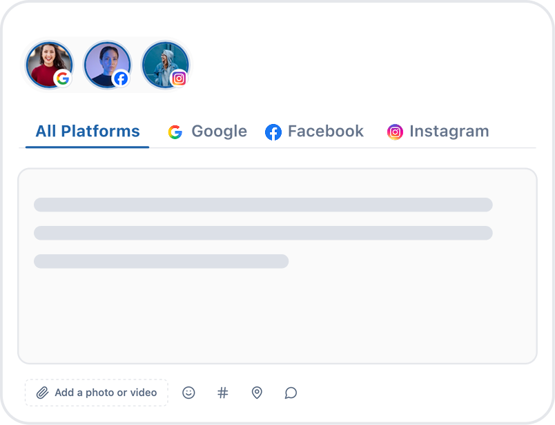 Social media publishing composer showing multi-platform posting to Google, Facebook, and Instagram from a single workspace